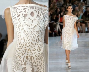 Váy cưới Louis Vuitton kết hợp các đường cắt cứng cáp trên nền vải voan mỏng manh.